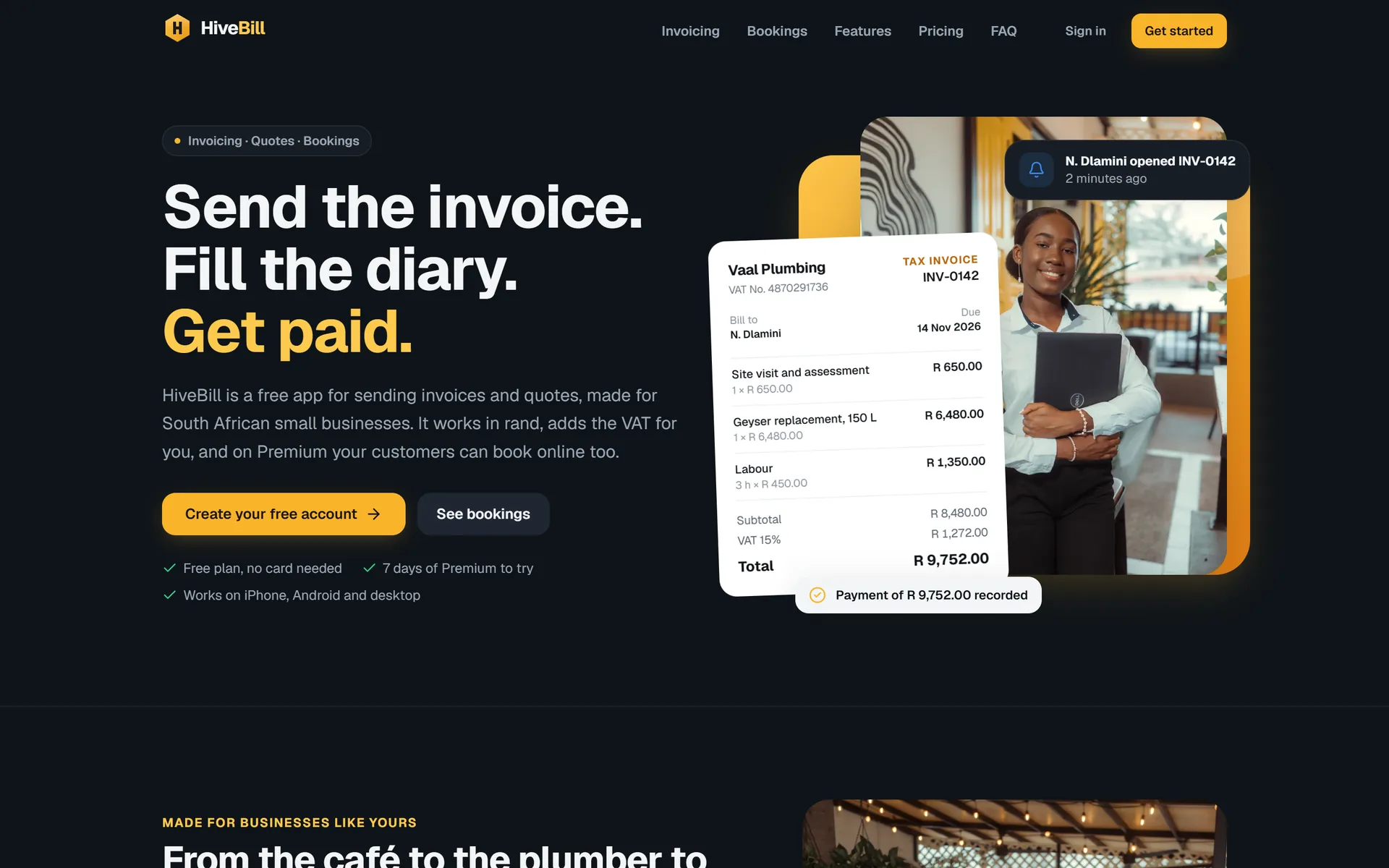 The HiveBill website: send the invoice, fill the diary, get paid, with a sample South African tax invoice